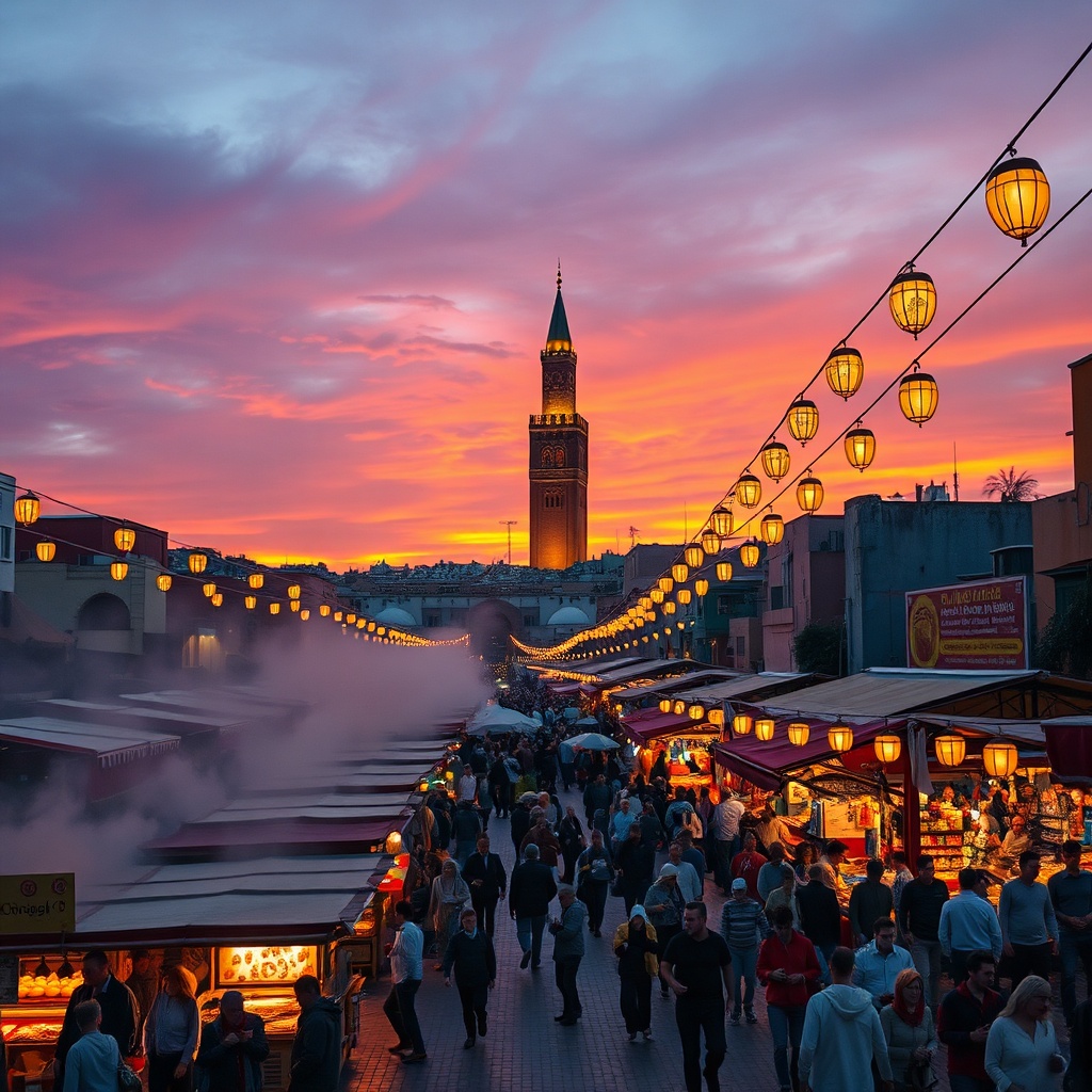 Fès vs Marrakech: Jemaa el-Fna square in Marrakech at dusk with glowing food stalls, crowds, and the Koutoubia Mosque, highlighting the city's vibrant nightlife and tourist-friendly atmosphere.