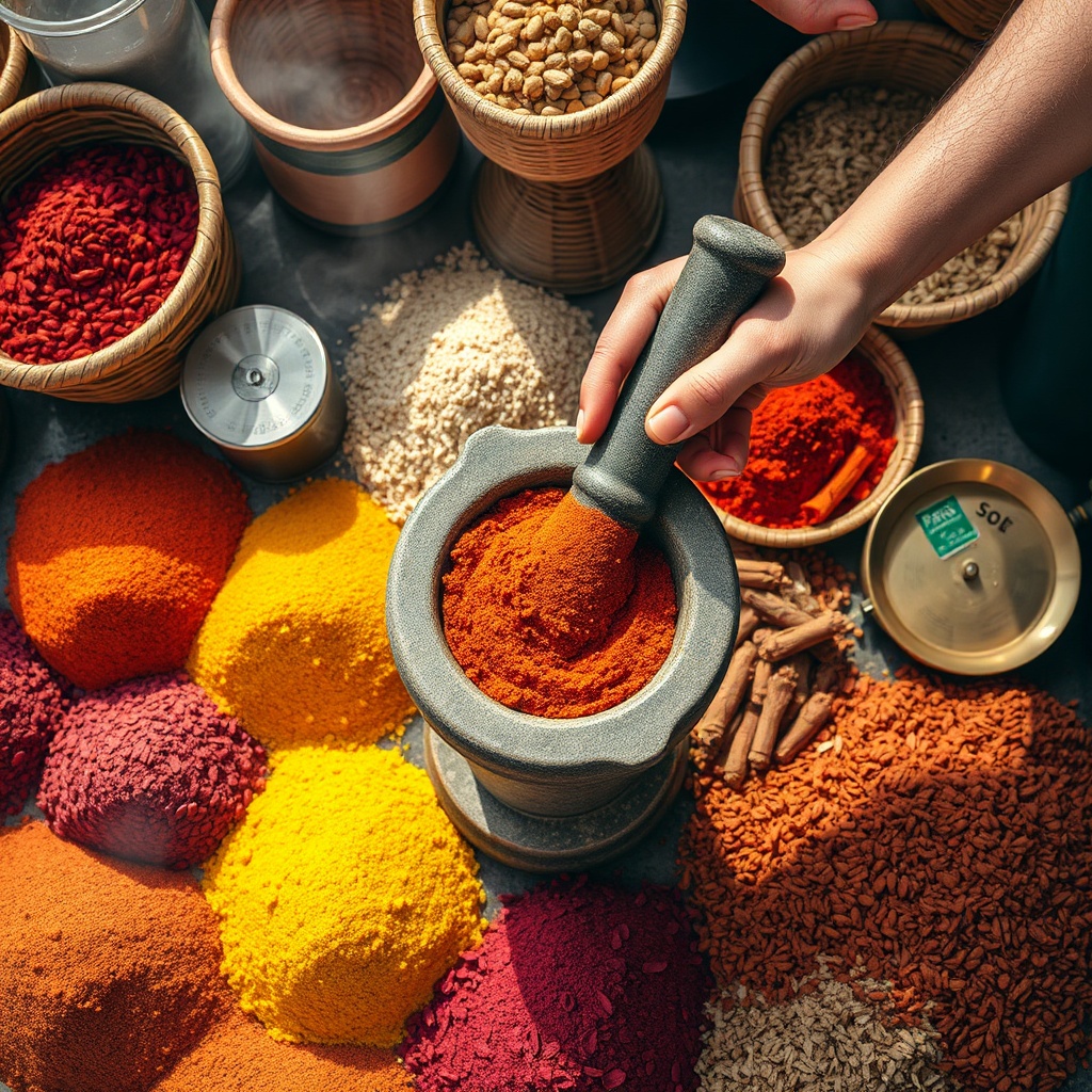 Hands grinding Ras el Hanout spices in a vibrant Moroccan market, showcasing the artisanal spice blending secrets cuisine marocaine relies on for its complex flavors