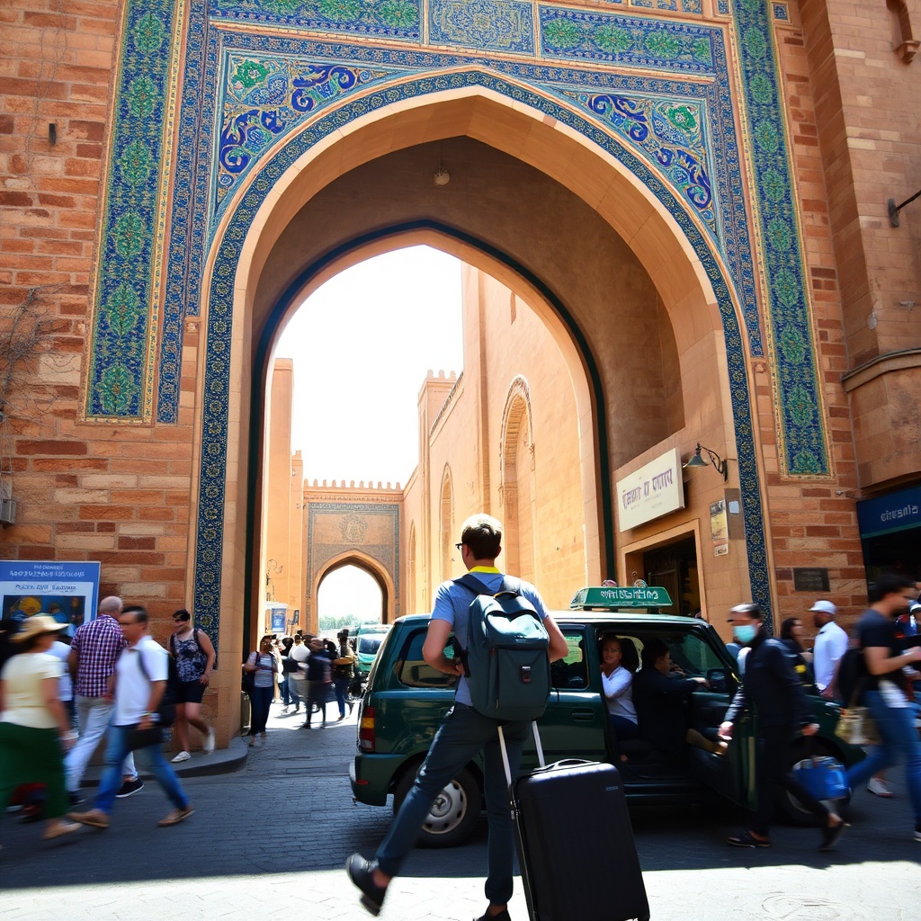Traveler arriving at the ornate Bab Boujloud gate, the final step of how to get from Fès airport to the medina, surrounded by the colorful, bustling streets of the ancient city.