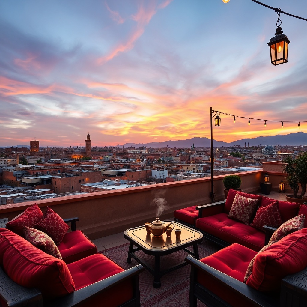 Rooftop terrace of a boutique hotel in Fès medina with sunset views, Moroccan seating, and traditional mint tea