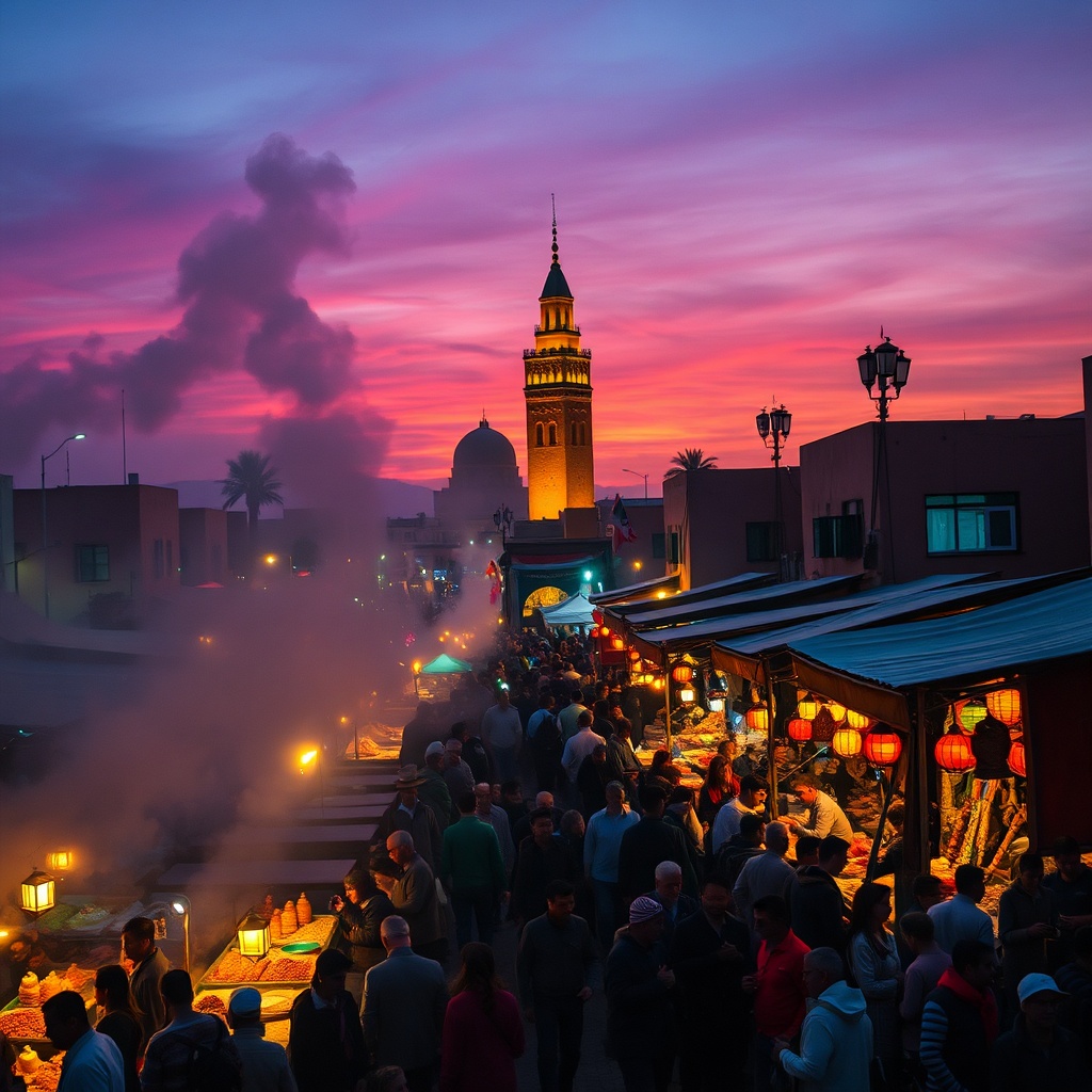 Fes vs Marrakech: the lively Marrakech Jemaa el-Fnaa square at dusk, with glowing lanterns and food stalls, showcasing the city's vibrant energy and nightlife