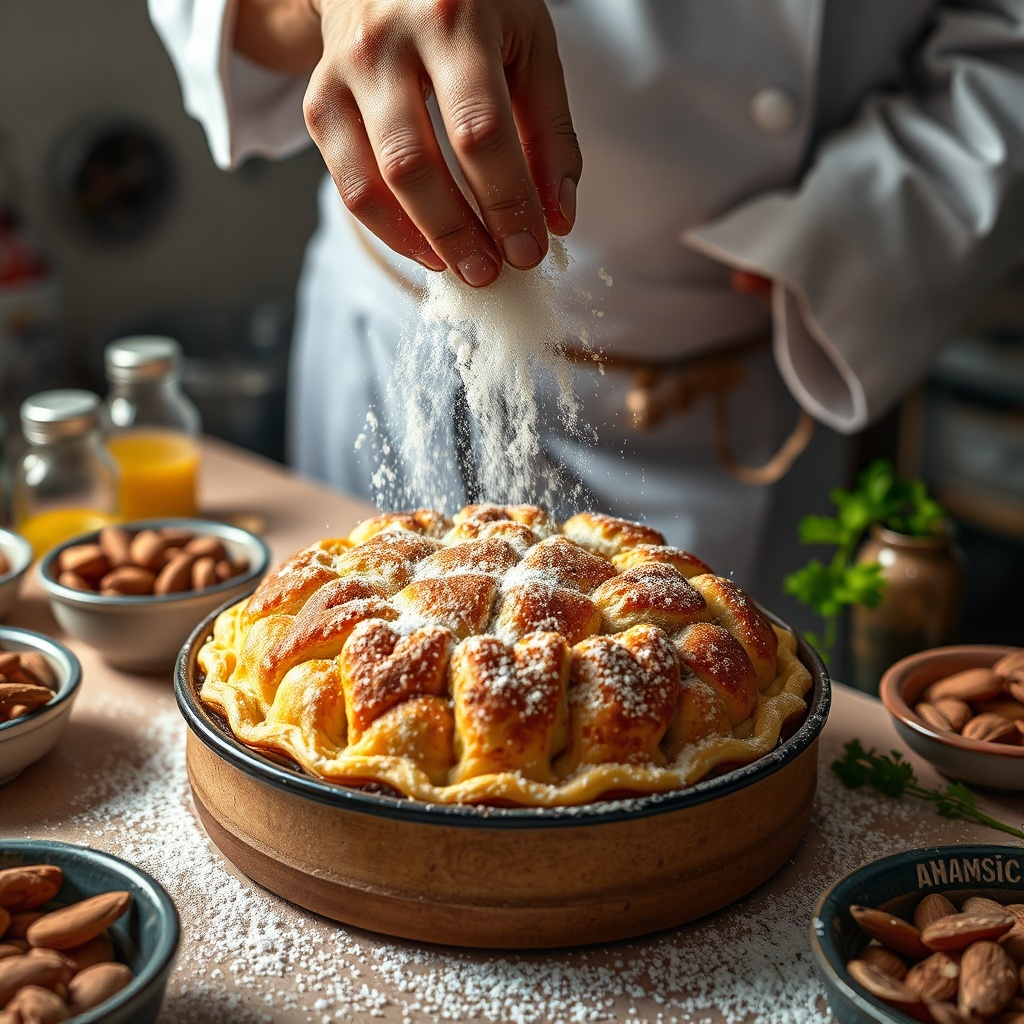 Moroccan chef decorating a sweet and savory pigeon bastilla pastry in an authentic Fes gastronomy kitchen