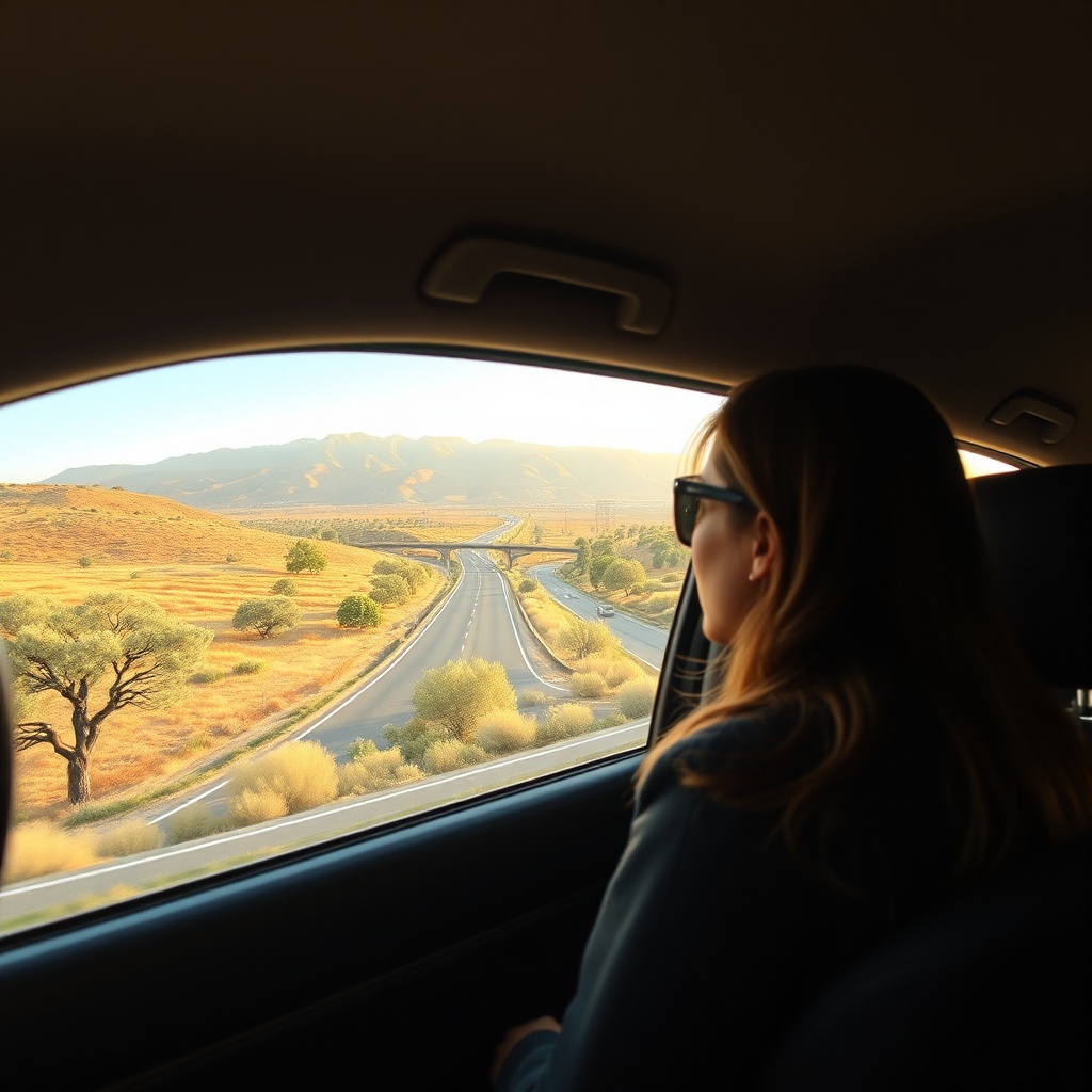 Private transfer car driving from Casablanca Airport to Fès through the scenic Moroccan countryside.