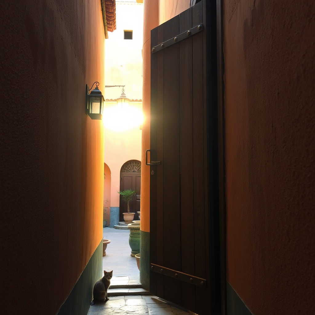 A lantern-lit doorway leading to a riad in Fès, set in a narrow alley of the old medina at sunset