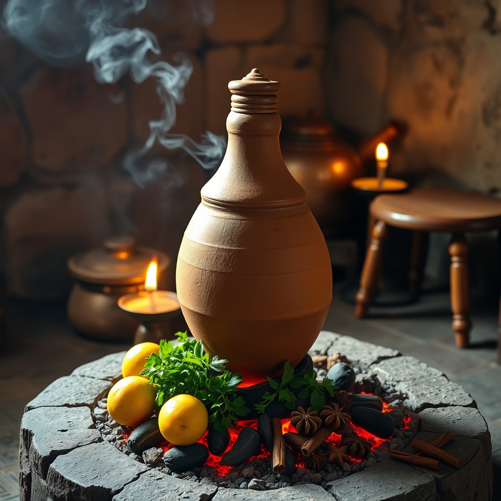 Traditional Moroccan dishes Fès tanjia slow-cooked in a clay urn over glowing ash, authentic Fassi cuisine in a medina kitchen