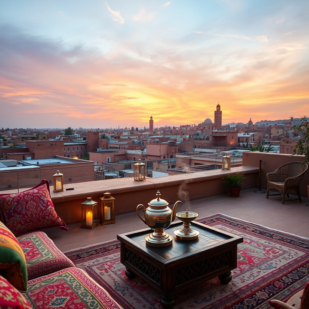 Boutique riad rooftop terrace featuring a mint tea setup with panoramic sunset views over the Fès medina