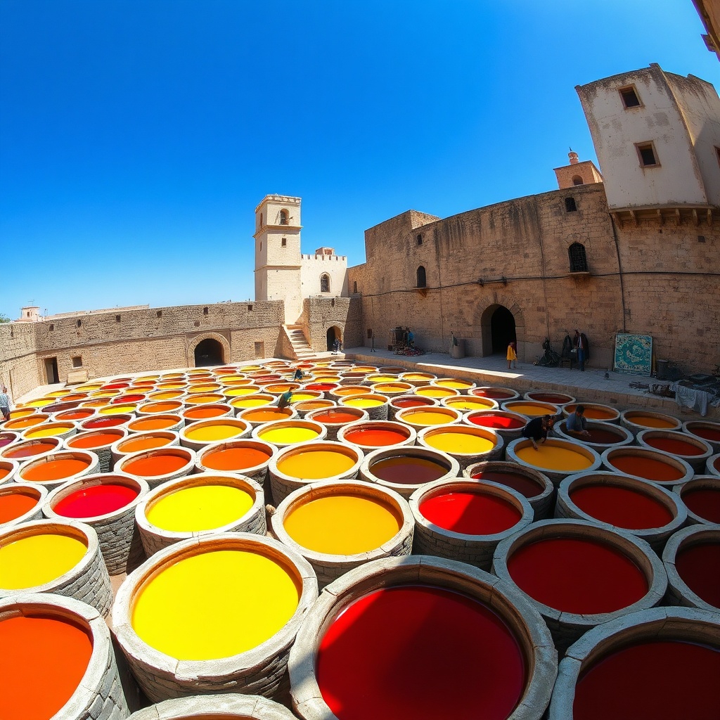 The iconic colorful dye vats of the Chouara Tannery, a symbol of the traditional leather industry and authentic Moroccan culture Fes.
