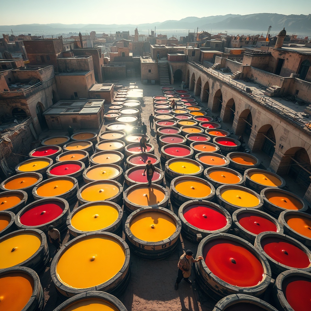 Overlooking the Chouara leather tanneries in Fès, a highlight for visitors deciding if Fès is worth visiting, with vivid dye vats and traditional craftsmanship.