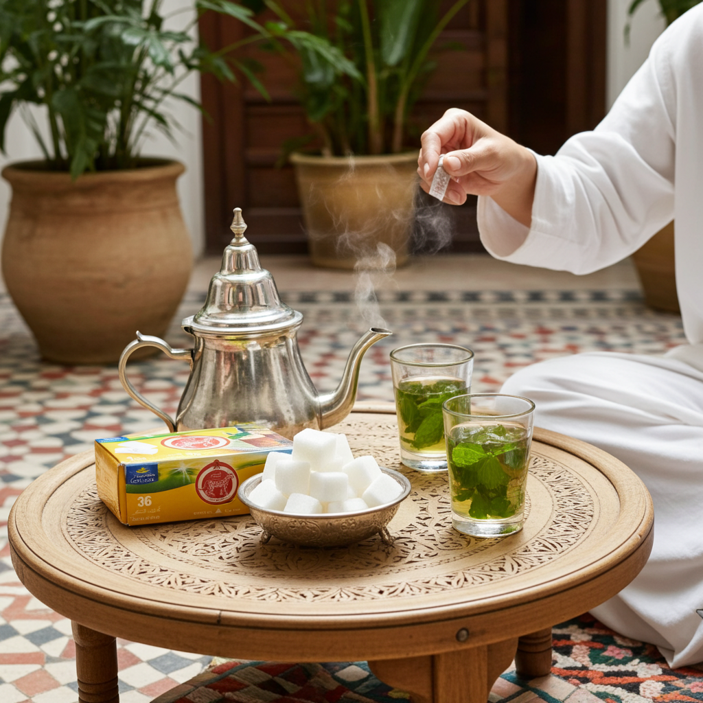 Moroccan tea ceremony with steaming mint tea and sugar cubes