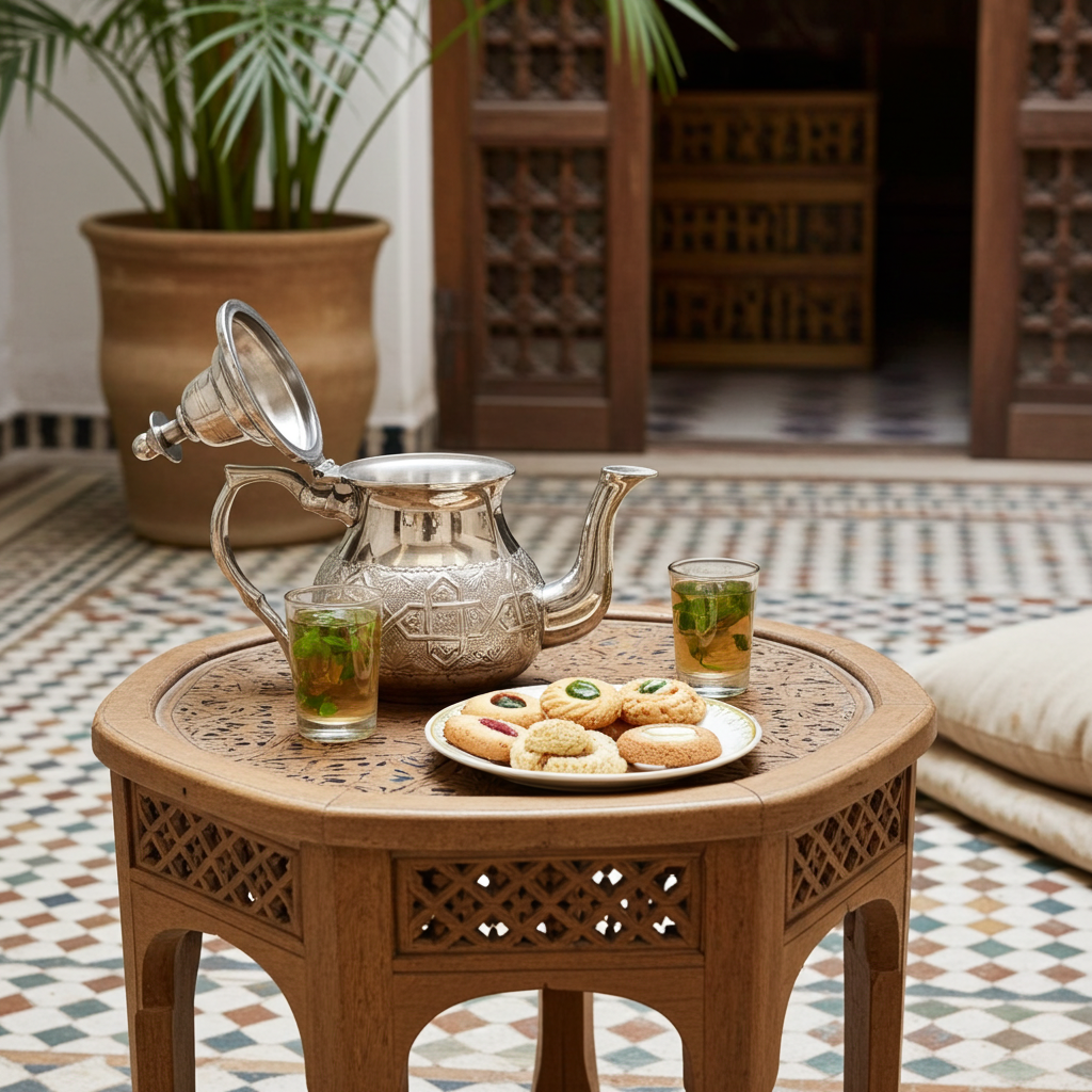 Traditional Moroccan mint tea service with silver teapot and pastries