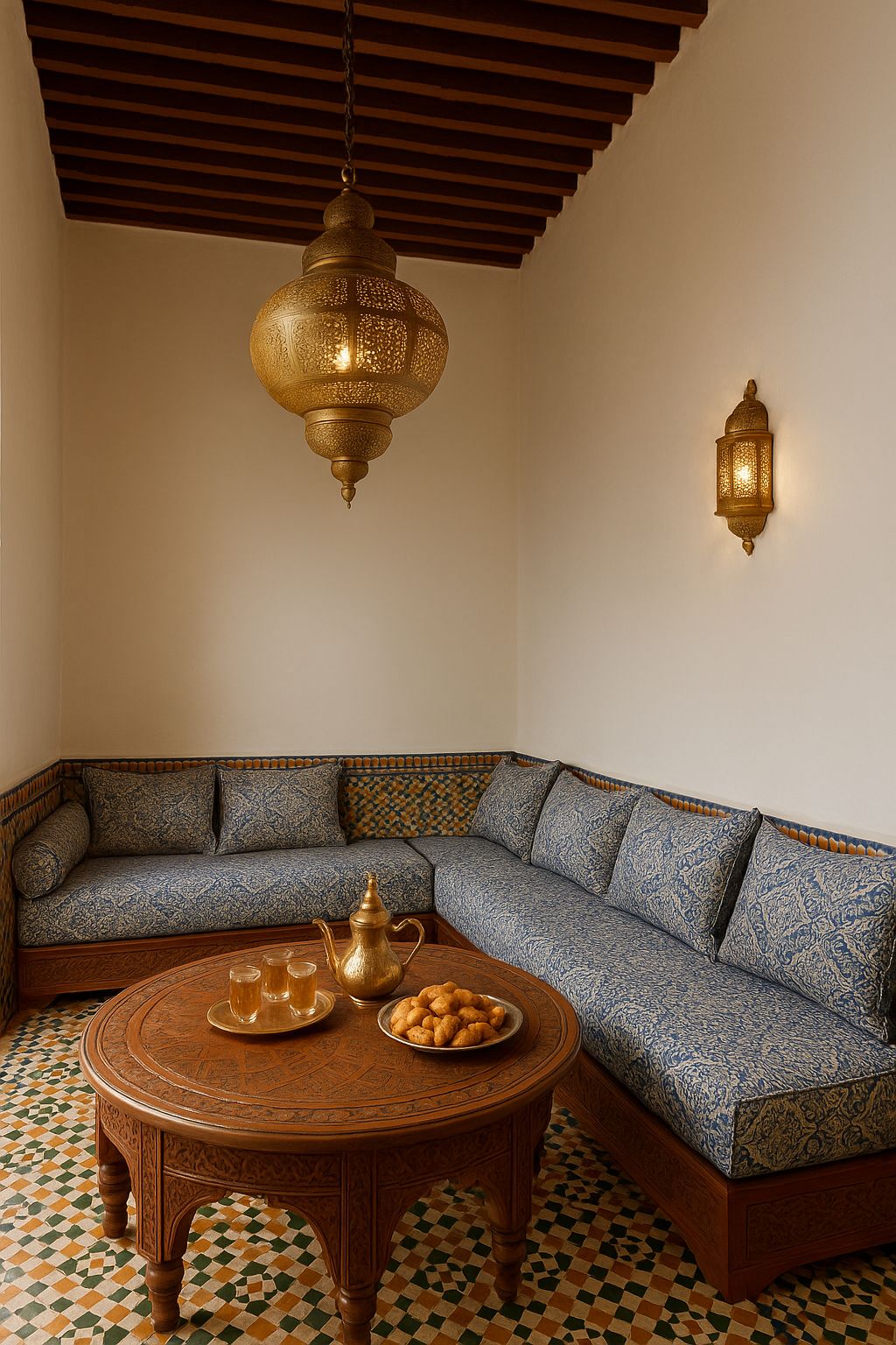 Traditional Moroccan sitting area with brass lanterns and mint tea