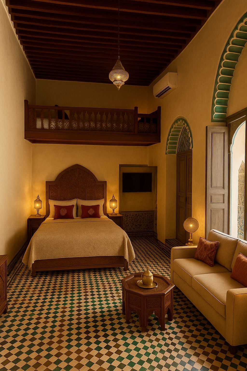 Luxurious bedroom suite with mezzanine and traditional decor